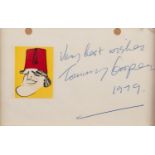 TOMMY COOPER WHITE POSTCARD SIZED PIECE with inscription alongside stamp form colour caricature in