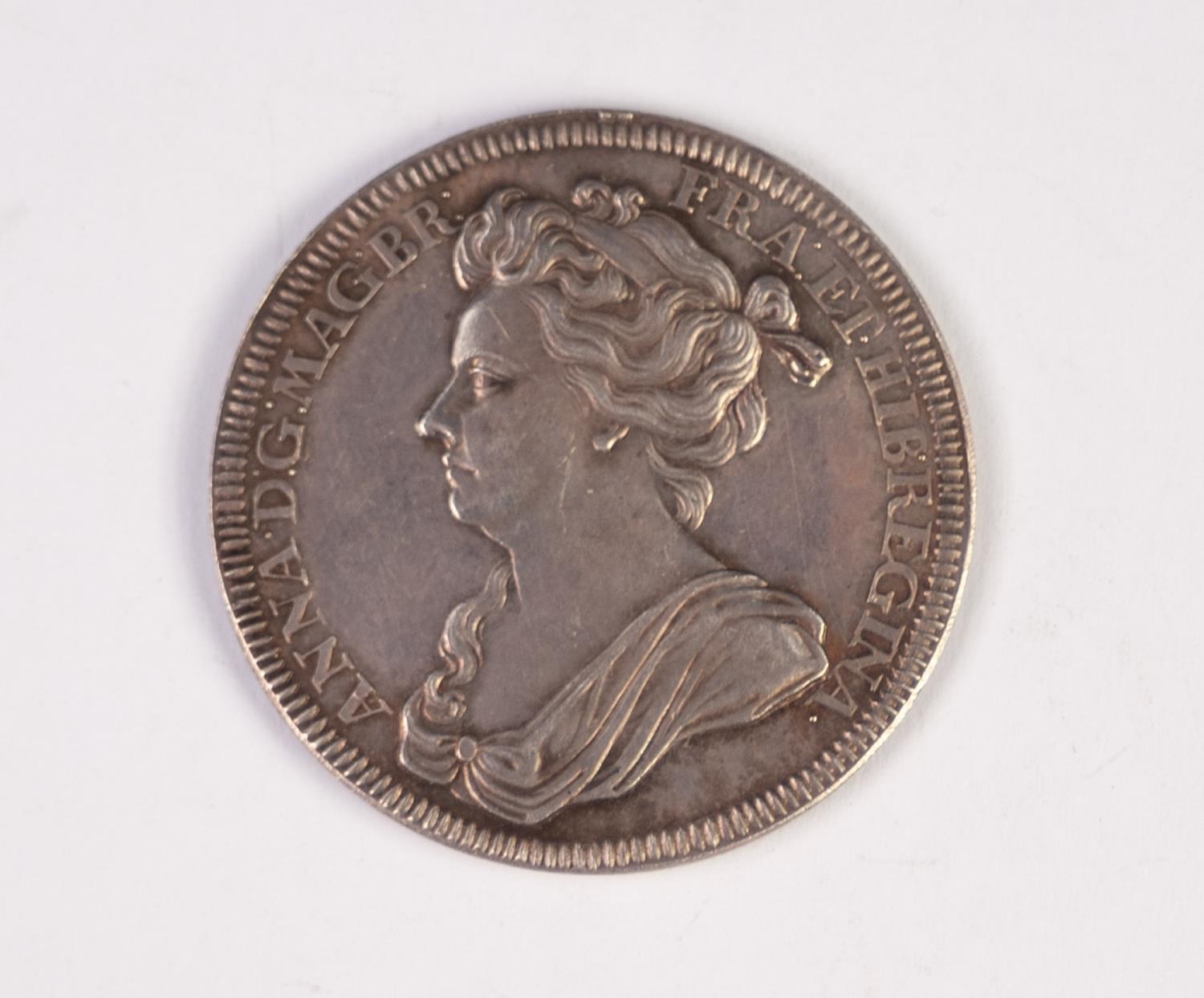 SILVER MEDALLION CORONATION OF QUEEN ANNE 1702 the reverse with Pallos hurling thunder at a two