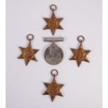 1939 - 45 WAR MEDAL, the 1939 - 45 STAR, THE AFRICA STAR, THE ITALY STAR, THE ATLANTIC STAR, in card