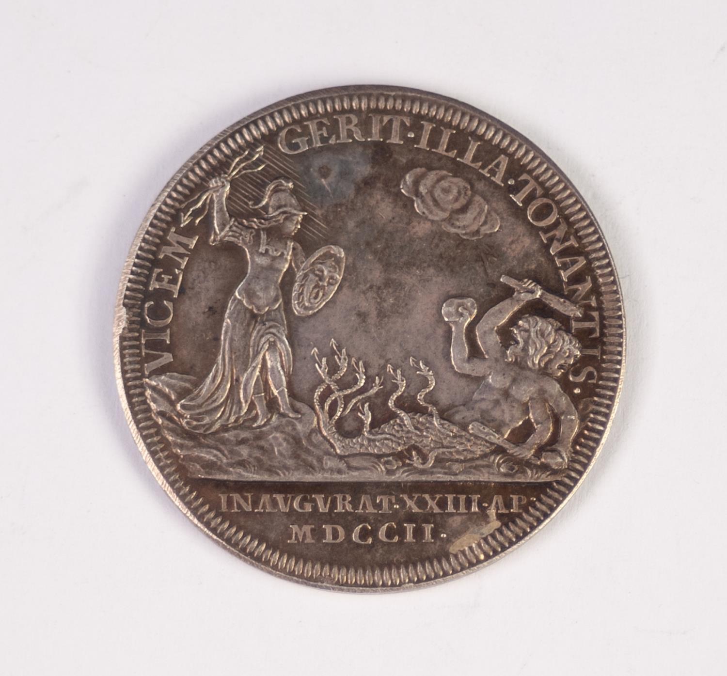 SILVER MEDALLION CORONATION OF QUEEN ANNE 1702 the reverse with Pallos hurling thunder at a two - Image 2 of 2