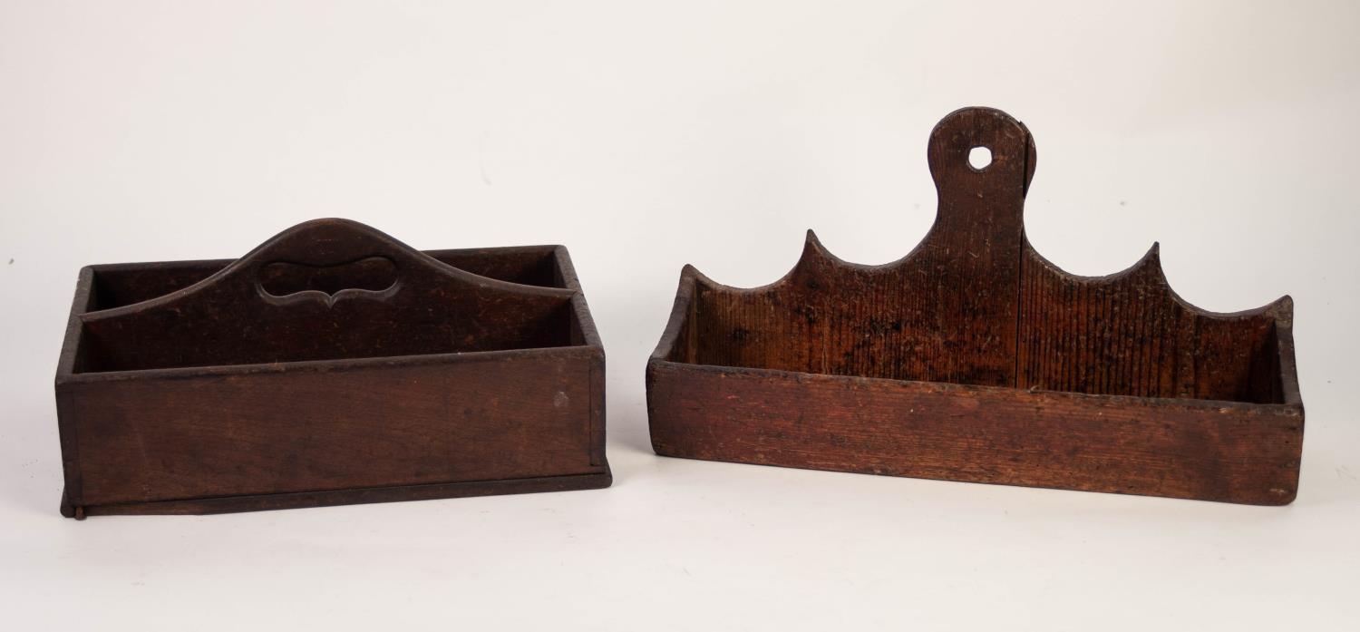 ANTIQUE OAK WALL HANGING SALT TROUGH, 16" (41cm) wide, also a mahogany two division CUTLERY