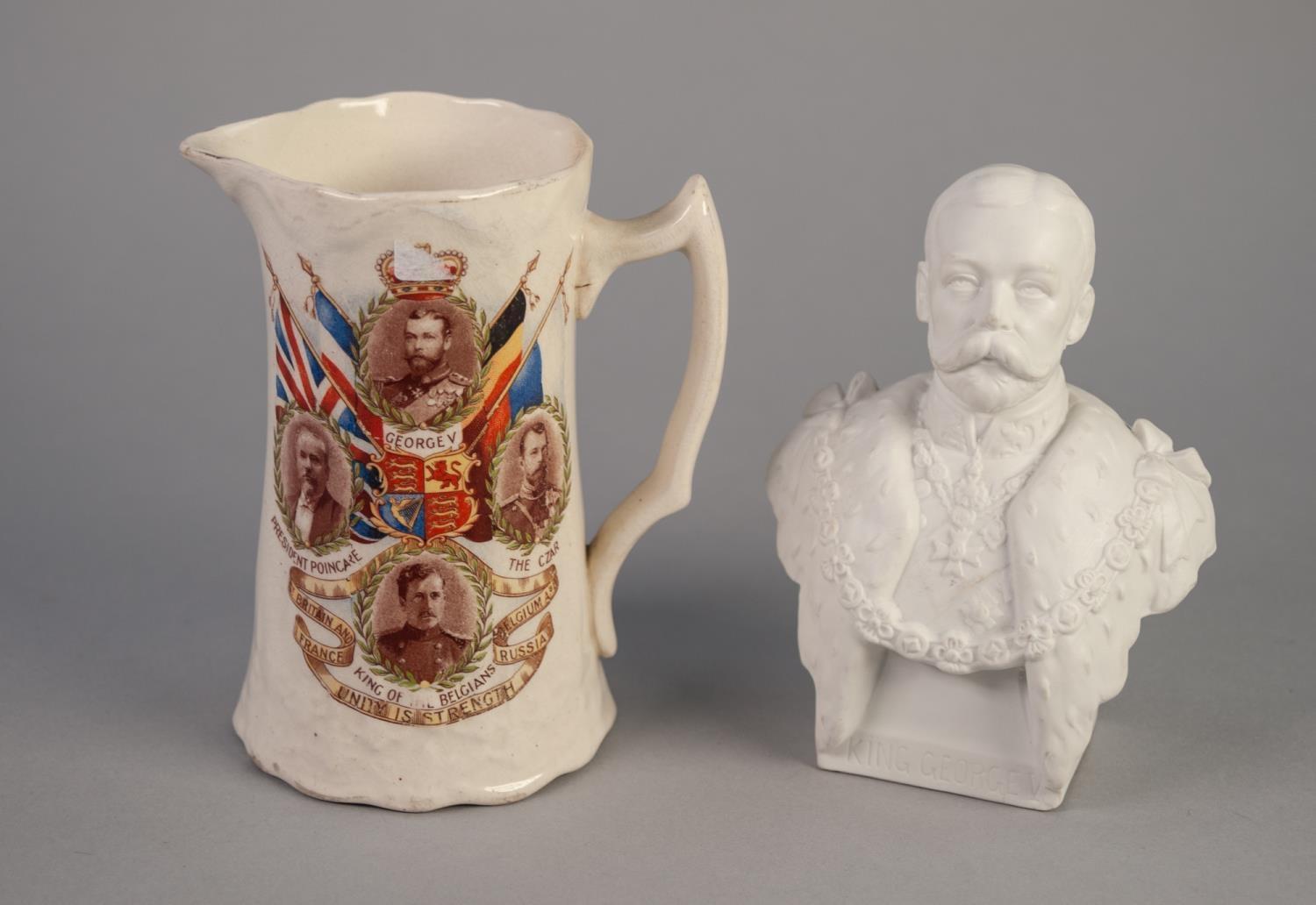 Parian ware bust of George V 6"(15.3cm) high and a pottery peace jug "Unity is strength" featu