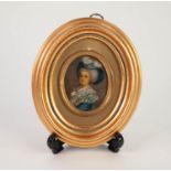 OVAL LATE 18th CENTURY MINIATURE OIL PAINTING ON IVORY of a lady in broad blue hat with ostrich