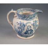 GOOD QUALITY MID 19th CENTURY BLUE AND WHITE PEARL WARE OVOID JUG COMMEMORATING SIR R PEEL MO AND