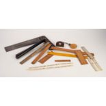 J.C. THORLEY STEEL BLADED SET SQUARE with brass edged rosewood handle, together with SUNDRY