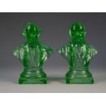 PAIR OF LATE 19th CENTURY HOLLOW MOULDED GREEN GLASS BUSTS OF DISRAELI AND GLADSTONE each on stepped