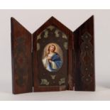 LATE 419th CENTURY MINIATURE OF THE VIRGIN MARY ON OVAL PORCELAIN PLAQUE held within a rosewood