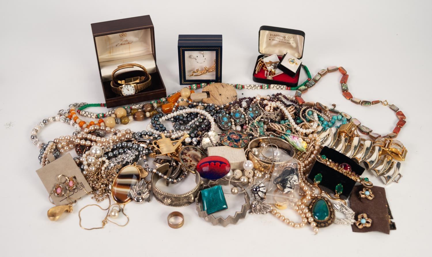 A SELECTION OF COSTUME JEWELLERY To include necklaces, bracelets, beads, etc, together with a Rotary