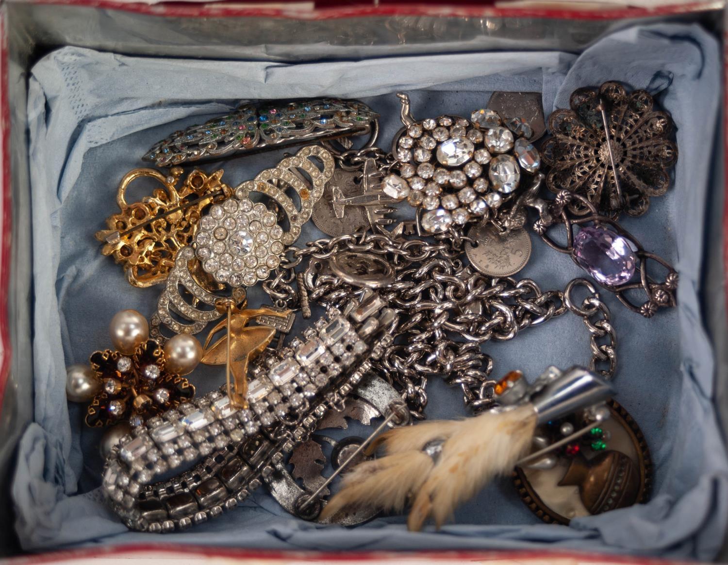 SMALL SELECTION OF COSTUME JEWELLERY including Scottish hallmarked silver open wirework brooch set