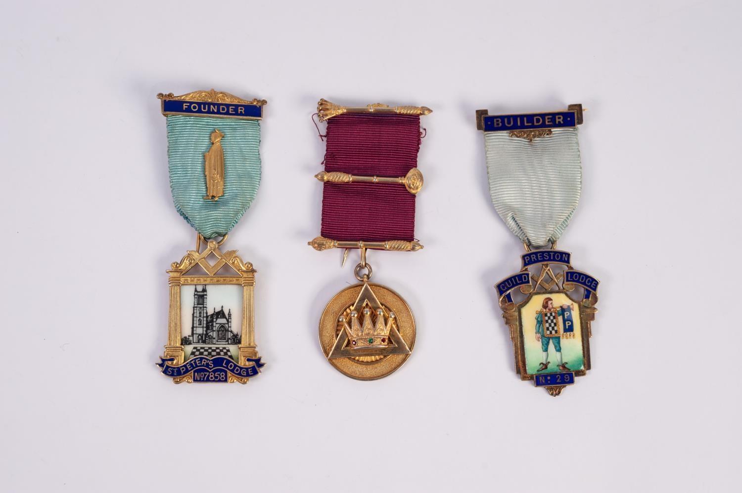 TWO SILVER GILT AND ENAMEL MASONIC JEWELS for Preston Guild Lodge with Builder clasp and St PETER'