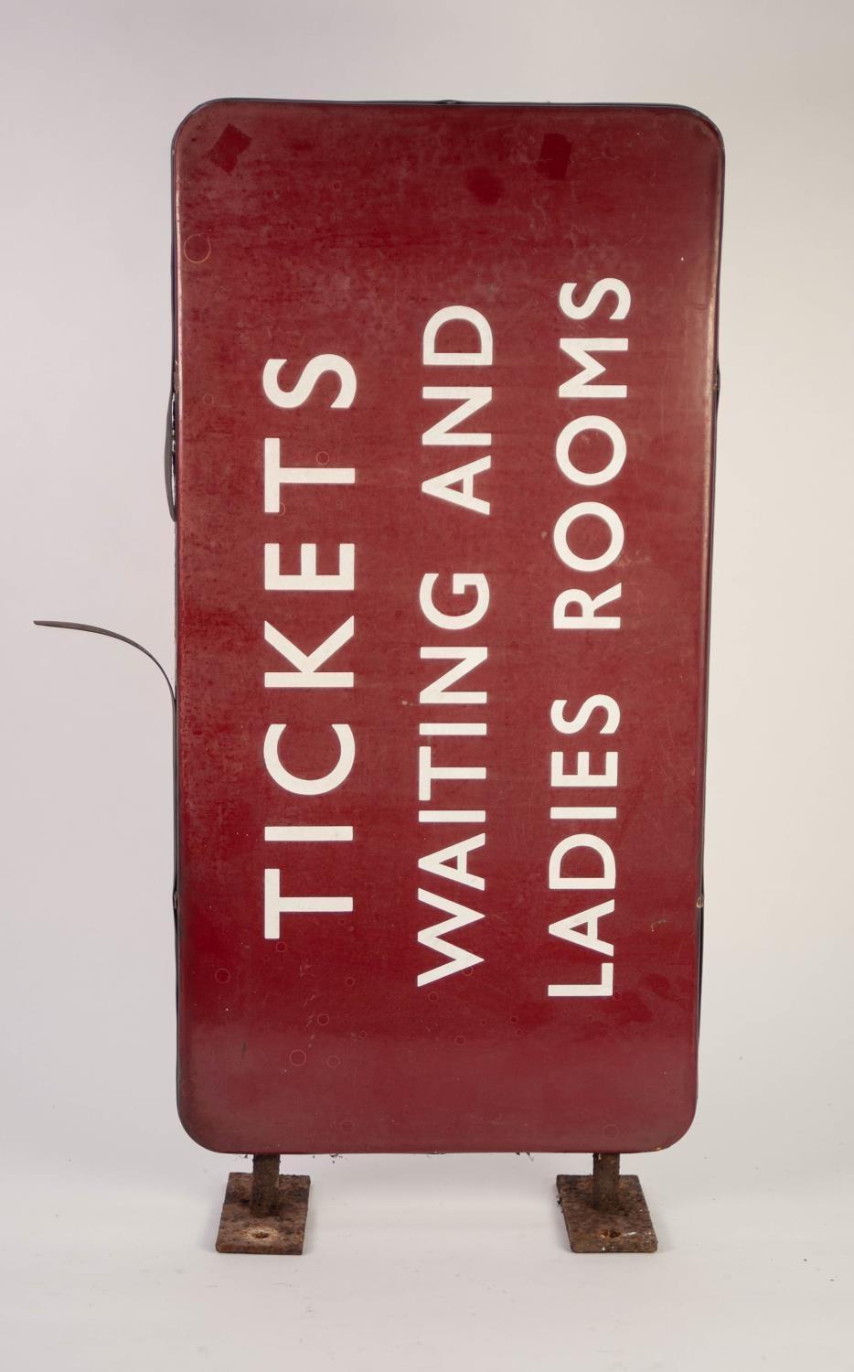 ENAMEL ADVERTISING RAILWAY SIGN ?TICKETS WAITING AND LADIES ROOM?, double sided, 31 x 66cm (12 ¼?