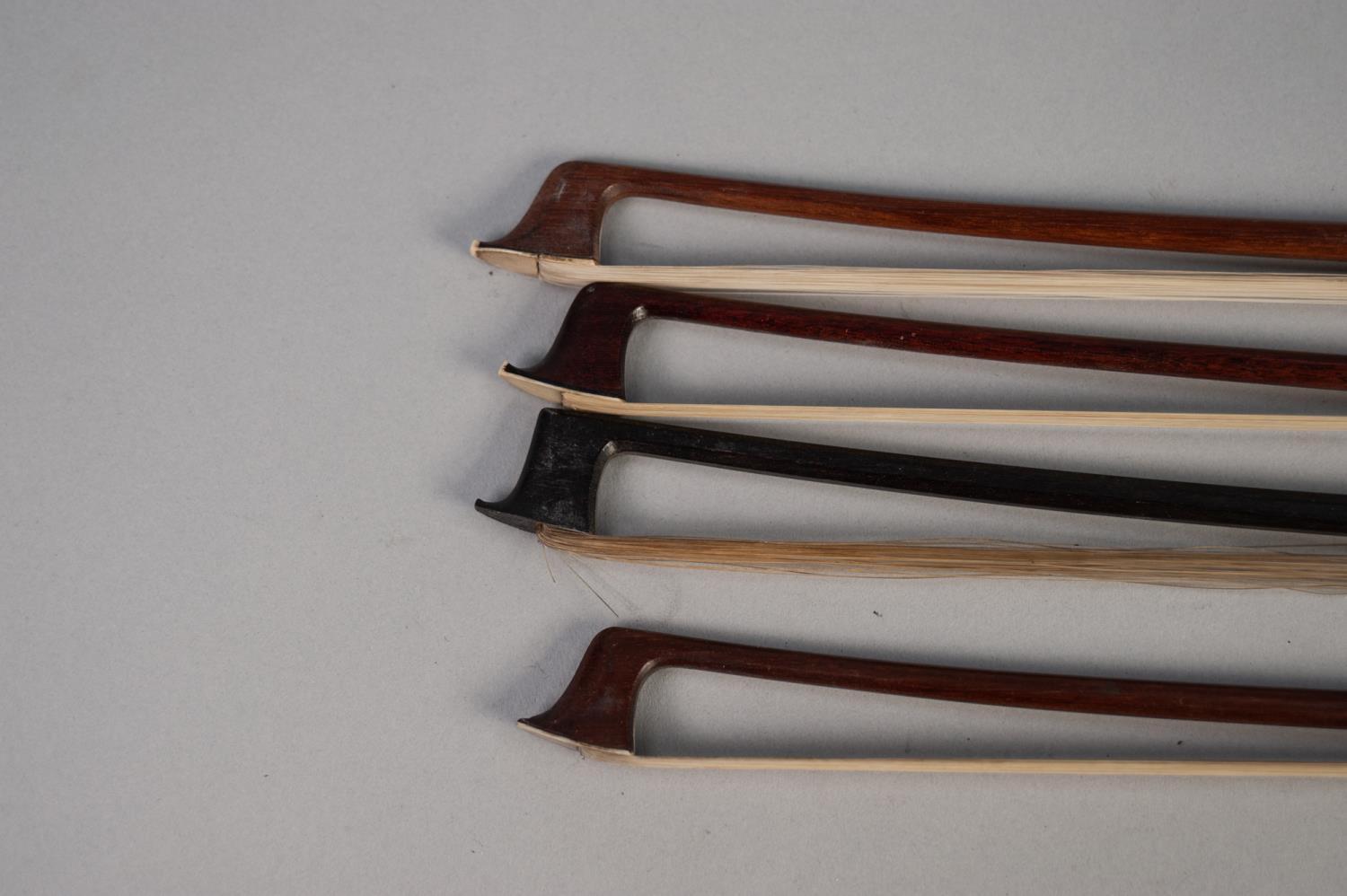 VIOLIN BOW STAMPED TECHLER with wire bound stick and THREE OTHER BOWS, one stamped Homa - Image 3 of 3