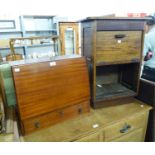 AN OAK SCHOOL-TYPE DESK WITH FALL FRONT COMPARTMENT AND A MAHOGANY TABLE TOP BUREAU WITH FALL-