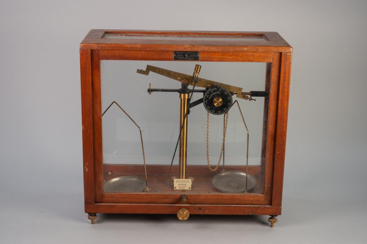 GRIFFIN AND TATLOCK LTD. 'MICROID CHAINDIAL MODEL' LABORATORY SCALES, in oak framed and glazed case,