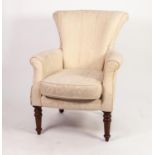 VICTORIAN STYLE EASY ARMCHAIR, THE FAN SHAPED BACK, ARMS AND CUSHION SEAT COVERED IN CREAM