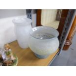 WHITE SPECKLED STUDIO GLASS VASE, 9 1/4" HIGH TOGETHER WITH A SIMILAR FROSTED AND FOOTED VASE 7 1/2"