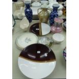 FIVE PIECES OF POOLE POTTERY, A MALING WARE BOAT SHAPE DISH, FOUR VASES AND A ROYAL CROWN DERBY