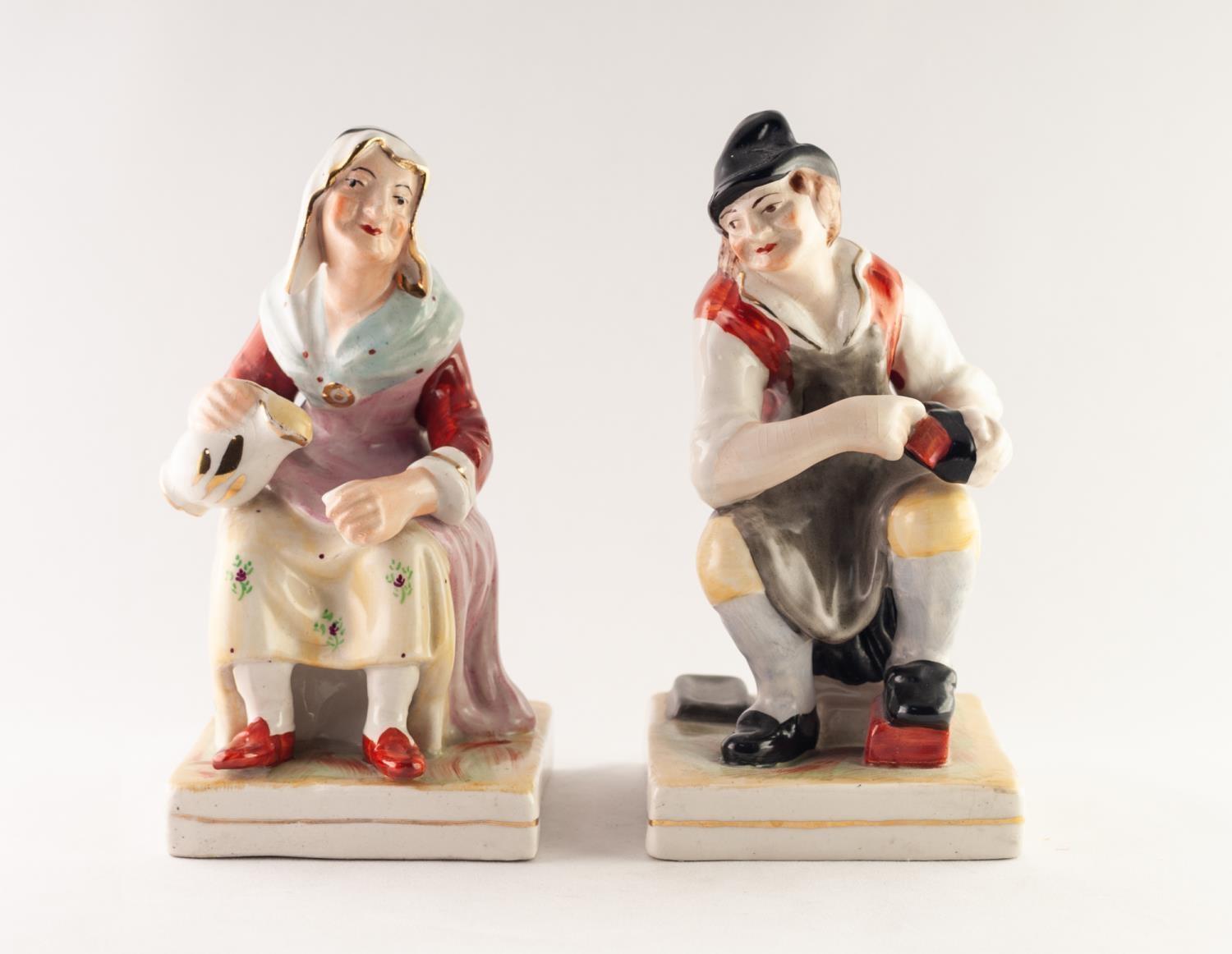 PAIR OF NINETEENTH CENTURY STYLE REPRODUCTION POTTERY FIGURES OF A COBBLER AND HIS WIFE, each