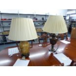 METAL LARGE URN SHAPED TABLE LAMP AND FABRIC SHADE AND A CERAMIC VASE LAMP WITH FABRIC SHADE (2)