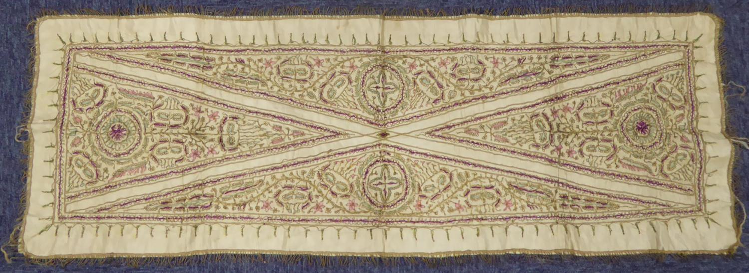 TWENTIETH CENTURY SILK ALTAR CLOTH, decorated with gold embroidered thread having purple, pink and