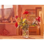 ?ROBBIE WRAITH (b. 1952) OIL PAINTING ON PANEL Still life - glass vase of red roses Signed bottom
