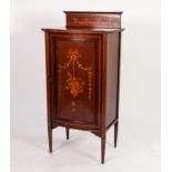 EDWARDIAN SHERATON REVIVAL ELABORATELY INLAID MAHOGANY BOW FRONTED MUSIC CABINET with ledge back,