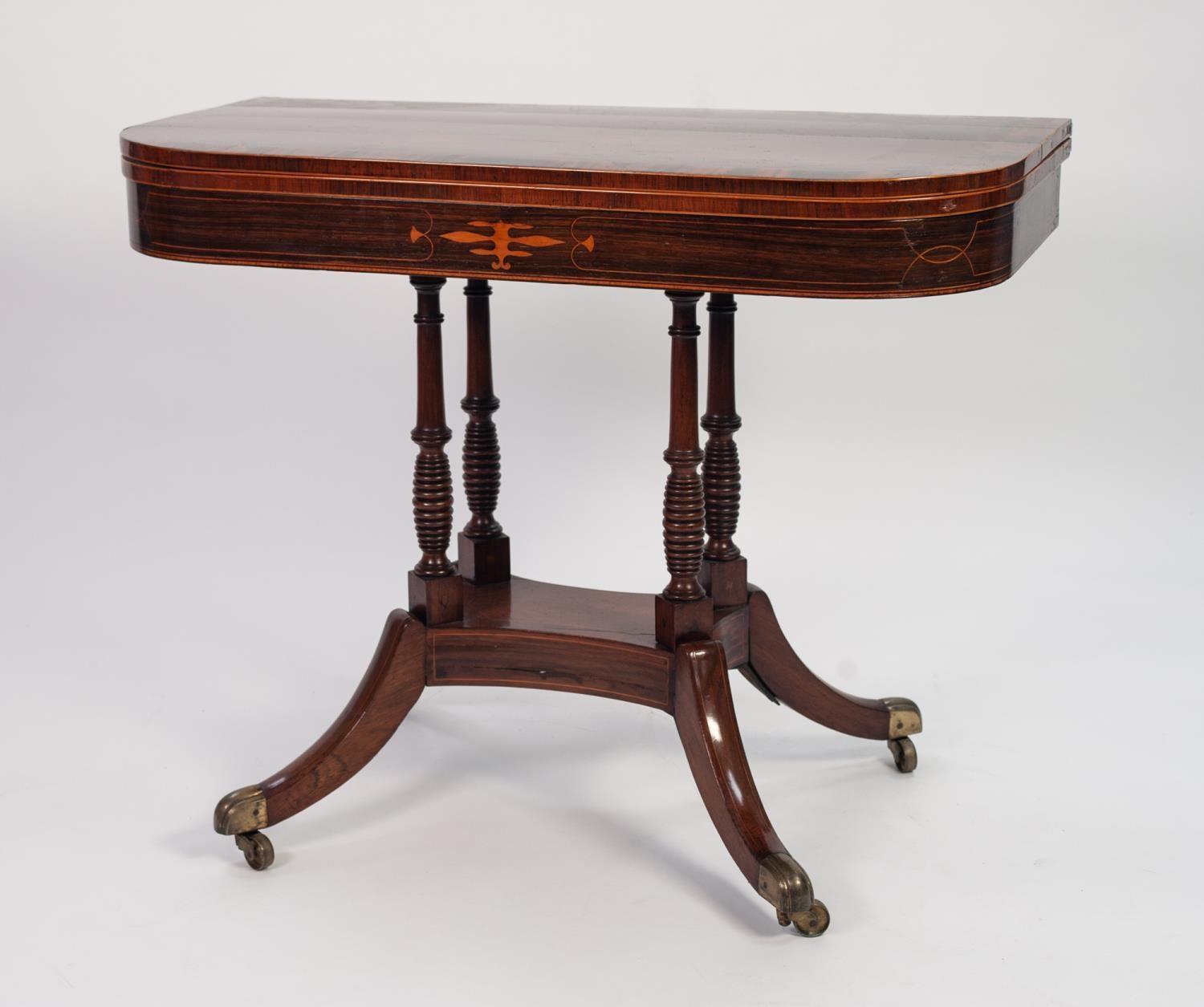 REGENCY COROMANDEL CROSSBANDED AND LINE INLAID ROSEWOOD PEDESTAL CARD TABLE, the ?D? shaped swivel