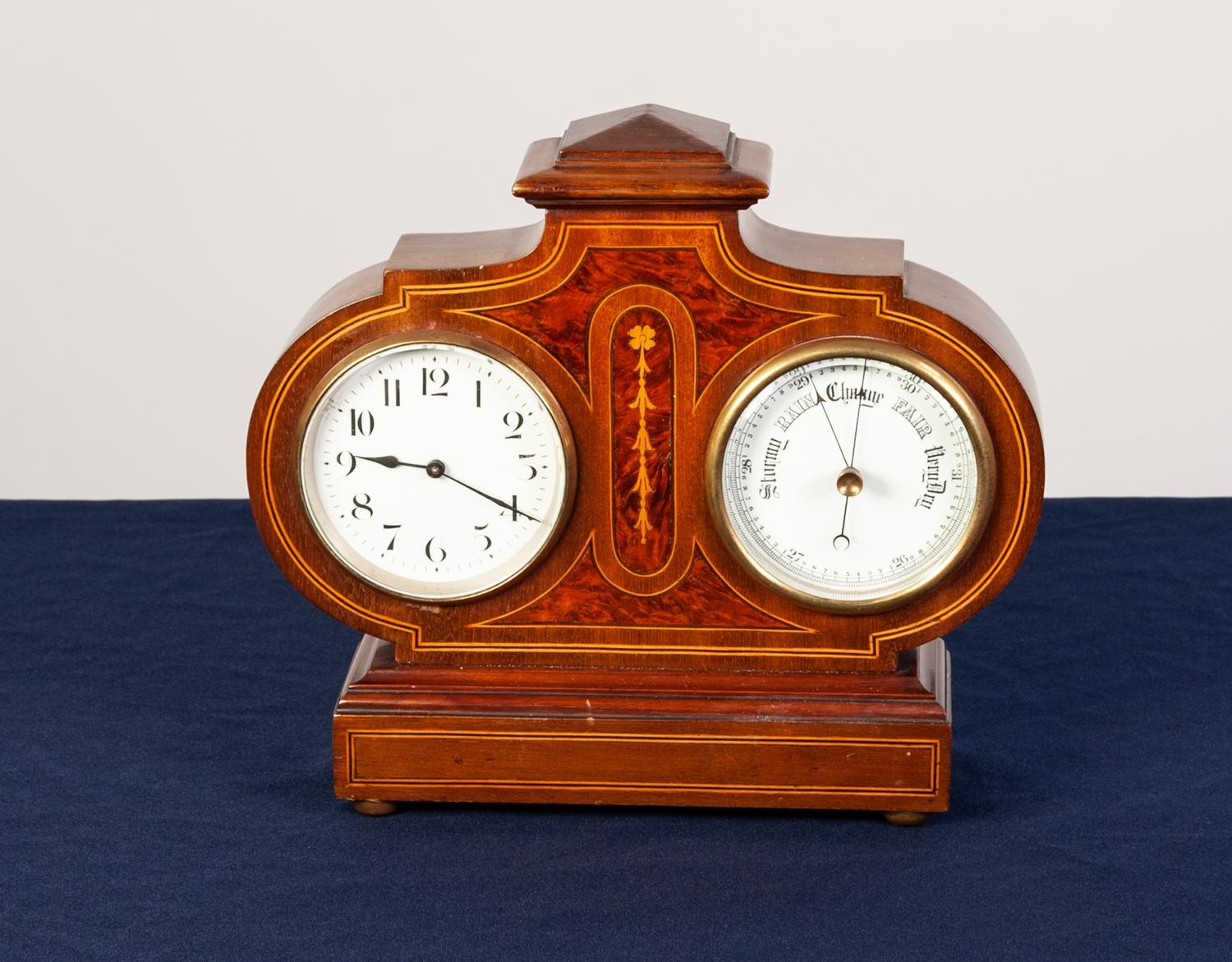 EDWARDIAN DESK TOP INLAID MAHOGANY COMBINATION CLOCK AND ANEROID BAROMETER, the clock with 3 ½? - Image 2 of 2