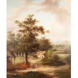 W YATES (19th CENTURY) OIL PAINTING ON RE-LINED CANVAS Landscape with a mother and children before a