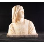 EARLY TWENTIETH CENTURY ITALIAN CARVED ALABASTER BUST OF BEATRICE, raised on a grey veined marble
