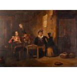 ?HENRY LIVERSEEGE (1803 - 1832) OIL PAINTING ON BOARD THE RECRUIT TAKING THE KINGS SHILLING 18" x