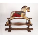 VINTAGE PAINTED WOODEN PLATFORM ROCKING HORSE with horse hair mane, glass eyes, vinyl and red felt