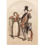 H. VIZETELLY HAND COLOURED ENGRAVING Family of buskers Signed in the print, circa 1860 6 3/4" x 5