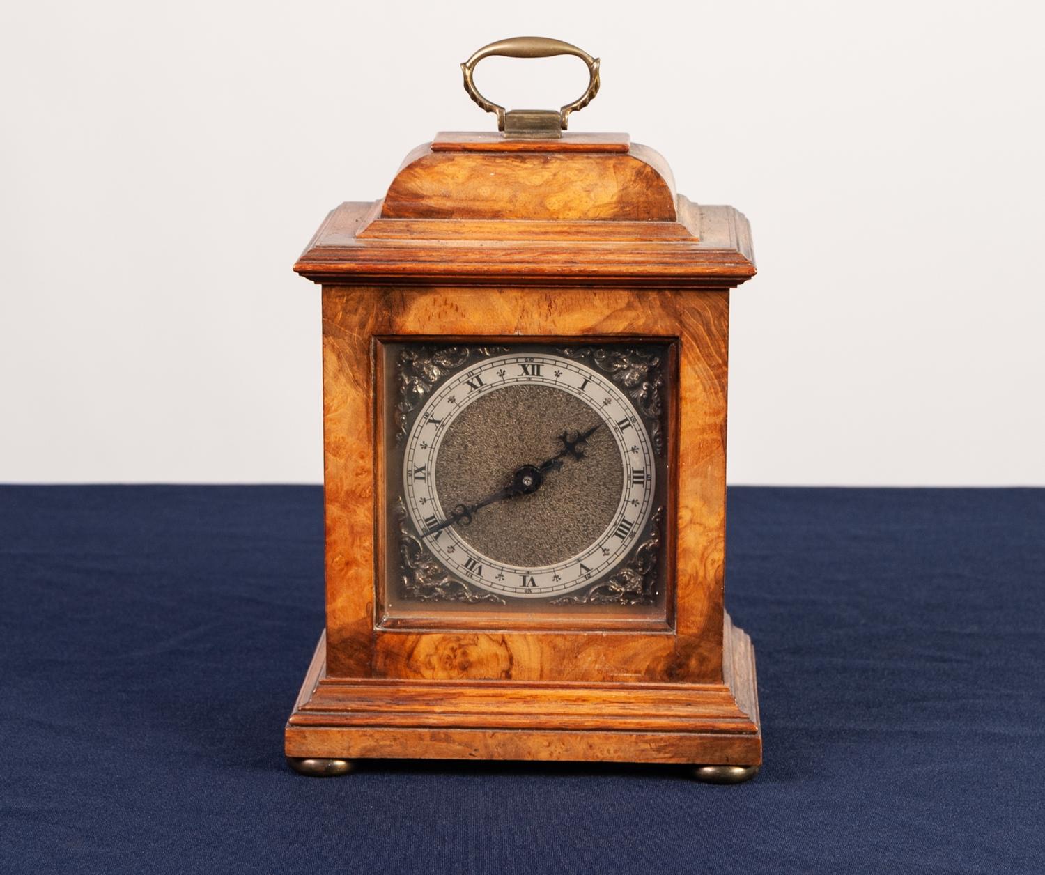 WALNUT CASE SMALL BRACKET CLOCK STYLE MANTEL CLOCK, spring driven movement initialled "B E" brass - Image 2 of 3