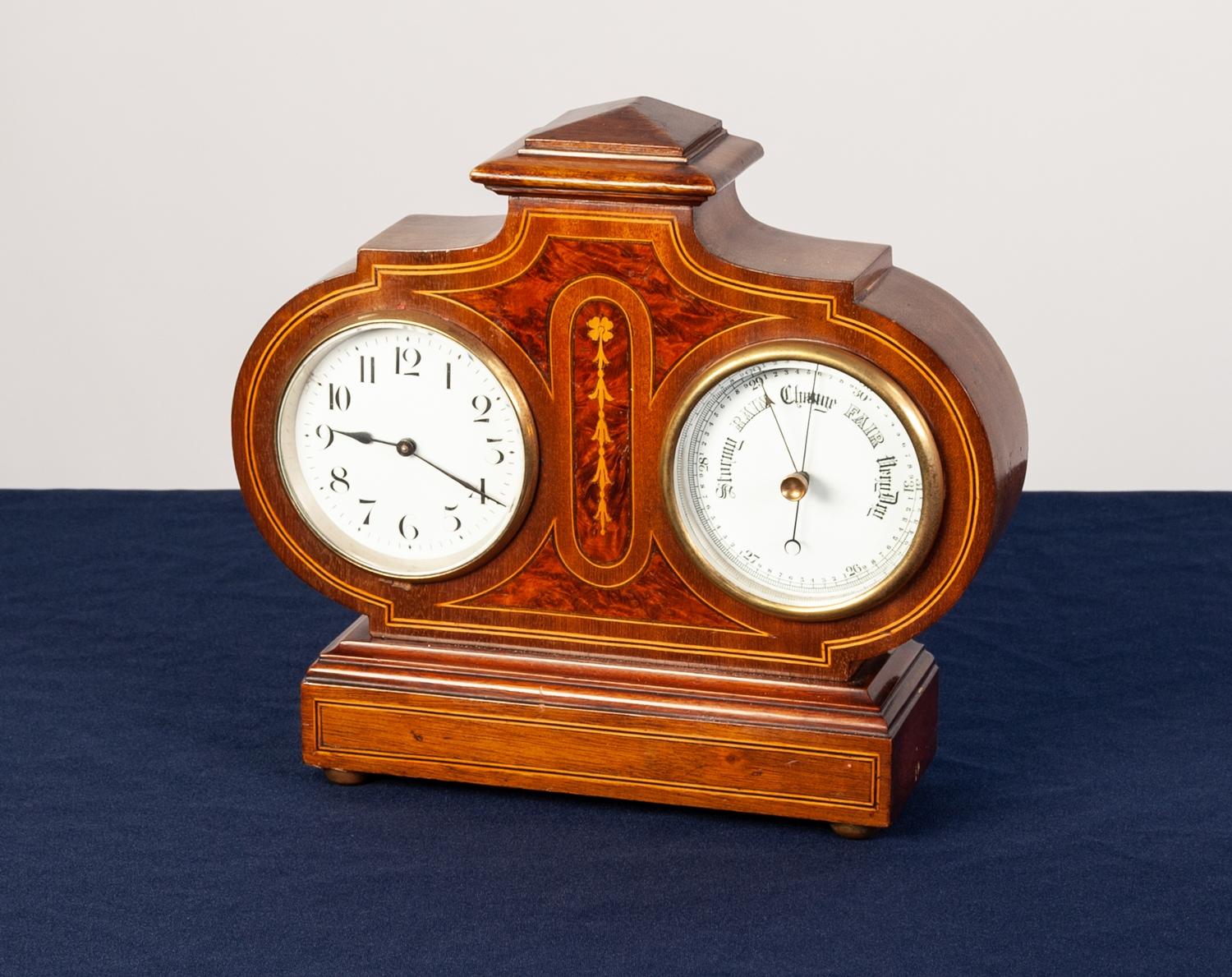 EDWARDIAN DESK TOP INLAID MAHOGANY COMBINATION CLOCK AND ANEROID BAROMETER, the clock with 3 ½?