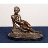 A BRONZE FIGURE OF MADAME LEON BERTAUX ON MARBLE PLINTH, young lady reclining sans attire on a