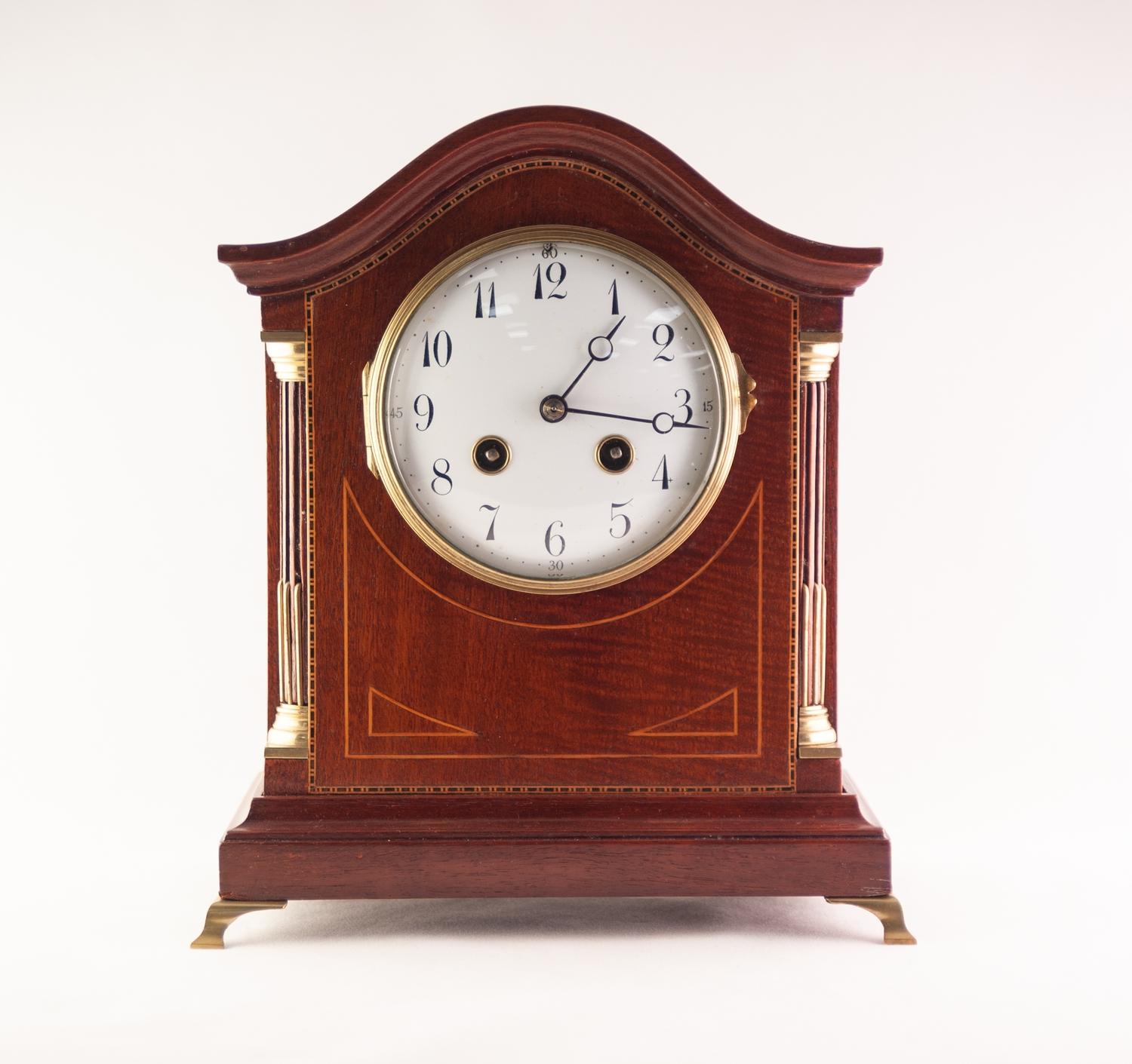 EDWARDIAN LINE INLAID MAHOGANY MANTLE CLOCK, the 4? white Arabic dial powered by a French drum - Image 2 of 3