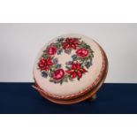 VICTORIAN CROSSBANDED AND CARVED WALNUT TABOURET STOOL, the circular padded seat covered in floral