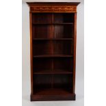 EDWARDIAN INLAID MAHOGANY OPEN BOOKCASE with four adjustable shelves with reeded front, moulded