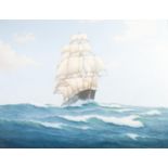 WILLIAM J POPHAM (20th CENTURY) OIL PAINTING ON CANVAS "Rainbow" a clipper sailing ship in full