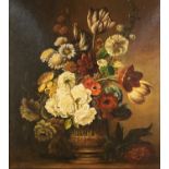 UNATTRIBUTED OIL PAINTING ON BOARD An urn of summer flowers 17 1/2" x 15 3/4" (44.5 x 40cm)