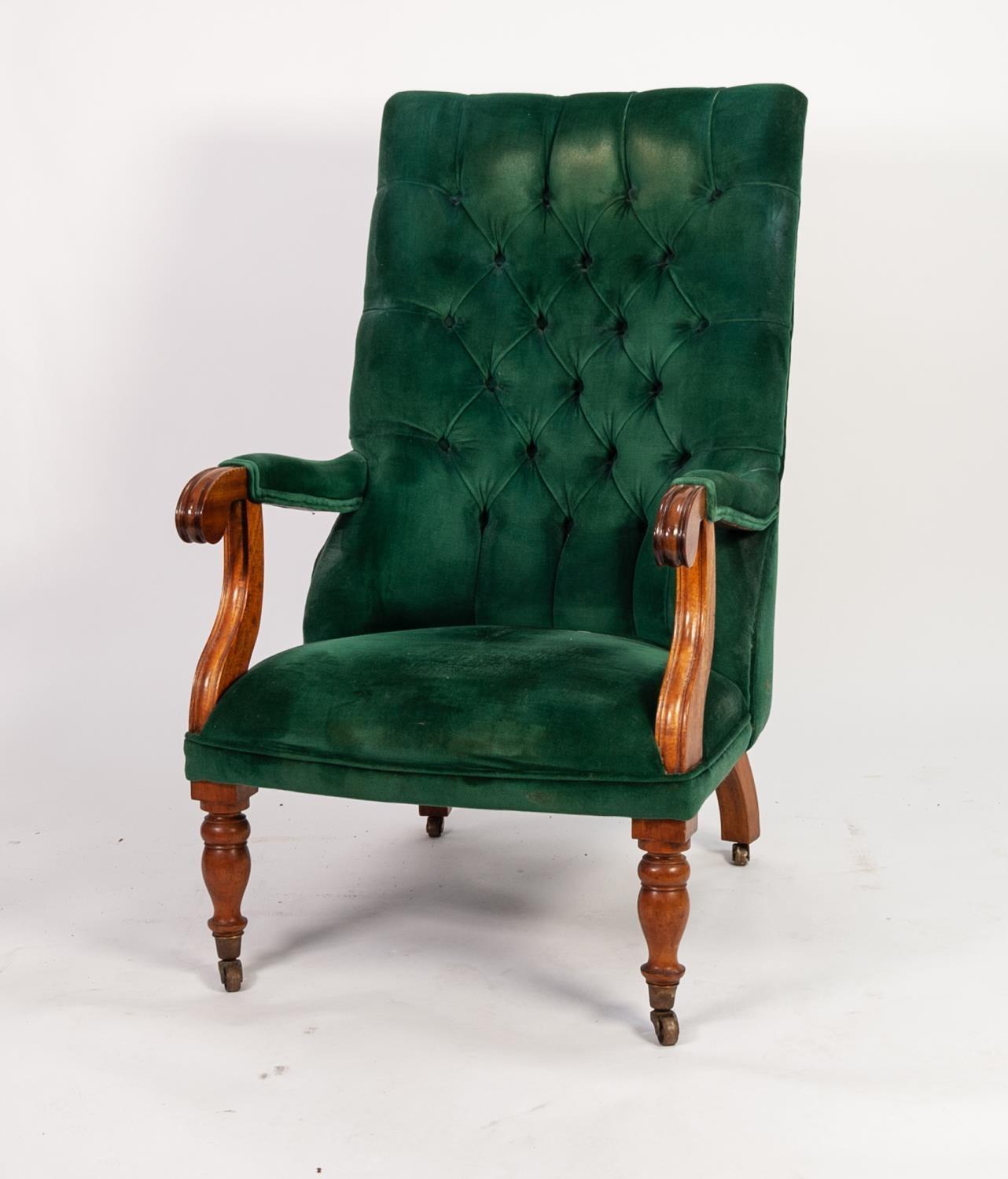 REGENCY MAHOGANY LIBRARY OPEN ARMCHAIR, the square, deep buttoned back set above flat arms with