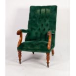 REGENCY MAHOGANY LIBRARY OPEN ARMCHAIR, the square, deep buttoned back set above flat arms with