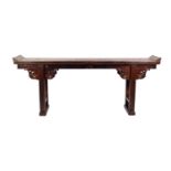 PROBABLY QING DYNASTY, AGED CHINESE ELM WOOD ALTAR TABLE, of typical form with scroll end to the