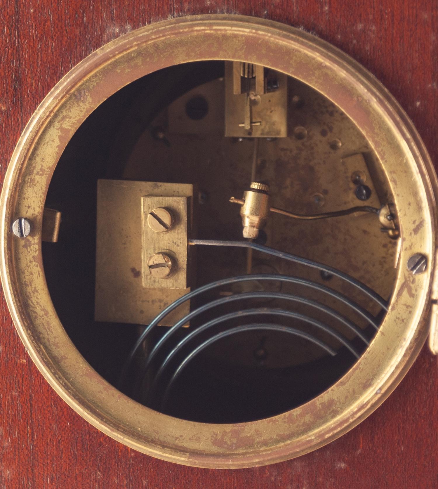 EDWARDIAN LINE INLAID MAHOGANY MANTLE CLOCK, the 4? white Arabic dial powered by a French drum - Image 3 of 3