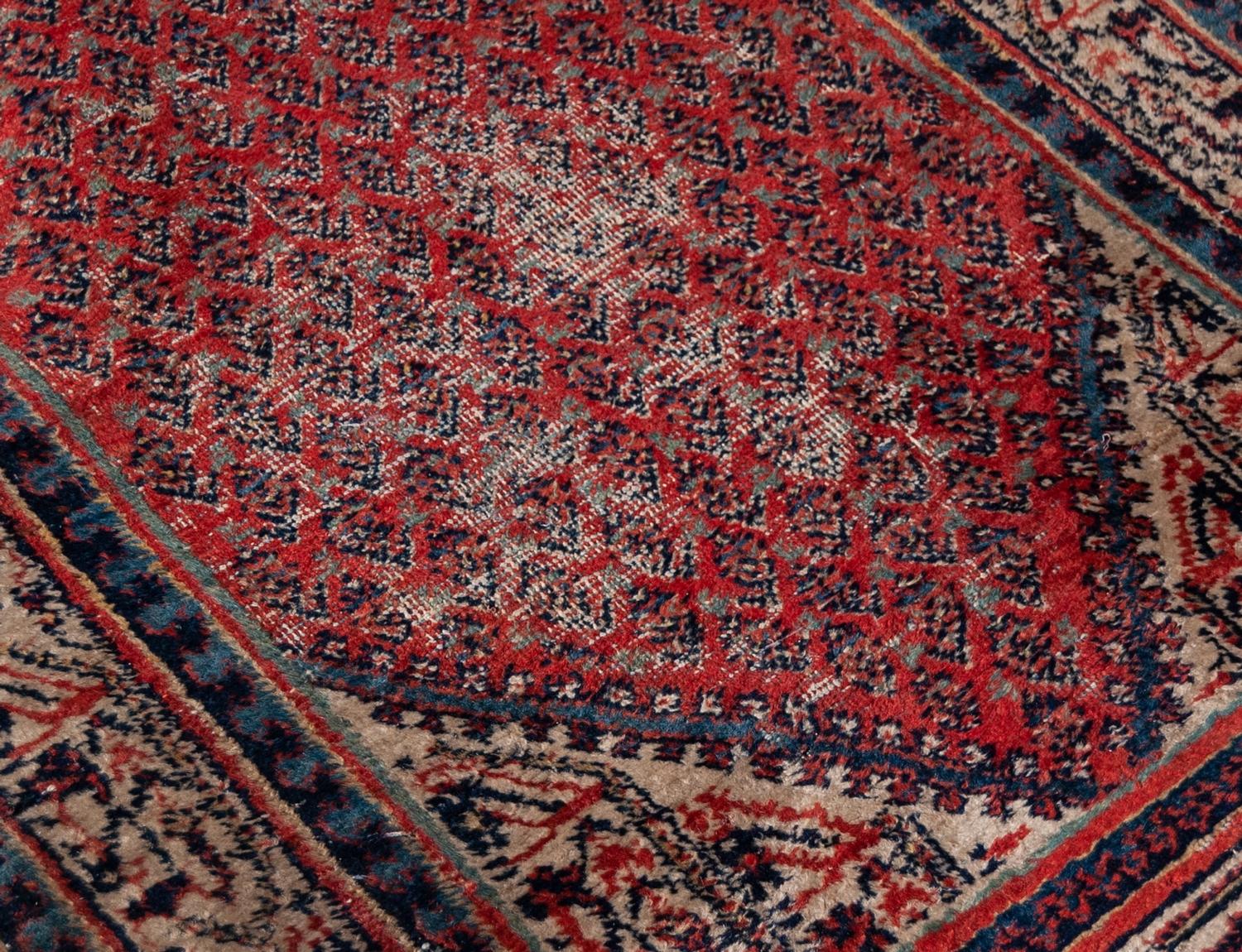 MIR SARABEND PERSIAN RUG, with all-over boteh design on a red/pink field with off-white spandrels, - Image 2 of 2