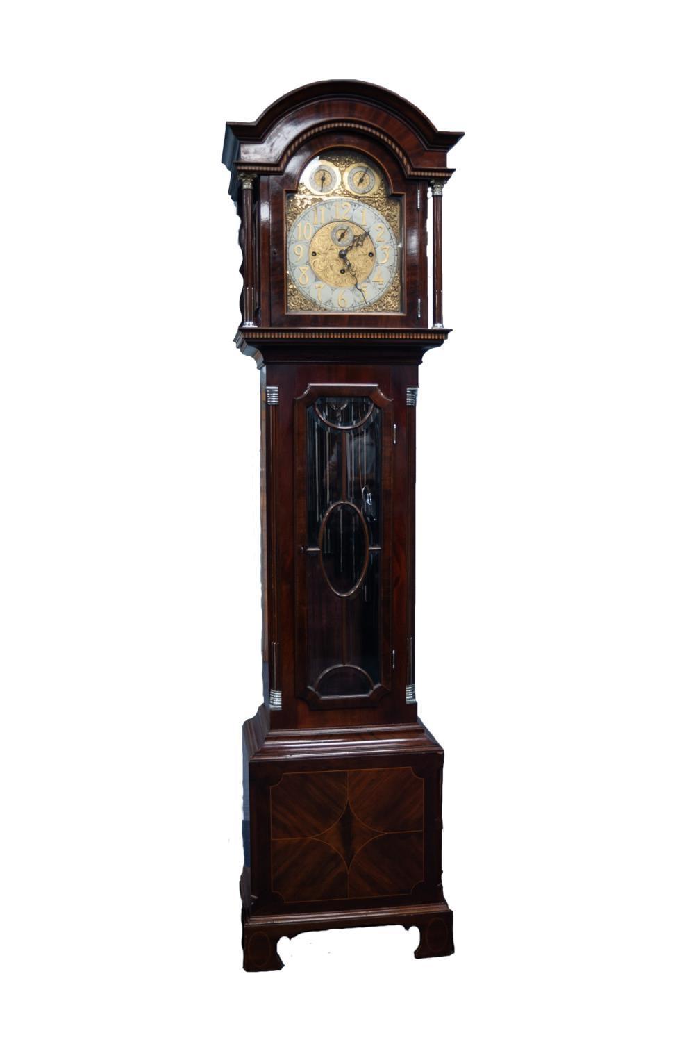 IMPRESSIVE EDWARDIAN MAHOGANY CASED TUBULAR CHIMING LONGCASE CLOCK, the 12? Arabic dial with