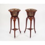 PAIR OF EDWARDIAN INLAID MAHOGANY JARDINIÈRE STANDS, each with moulded border and brass insert to