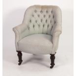 VICTORIAN SPOON BACKED EASY ARMCHAIR button upholstered in pale green diamond patterned fabric on