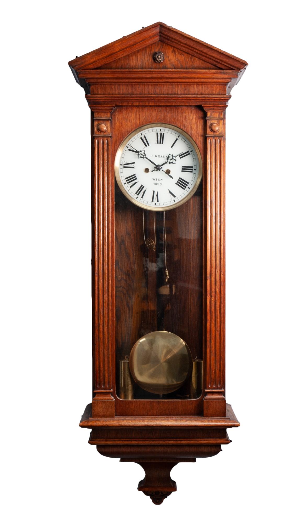 LATE NINETEENTH CENTURY OAK CASED VIENNA WALL CLOCK SIGNED J. KRAUS, WIEN, 1895, the 8? white